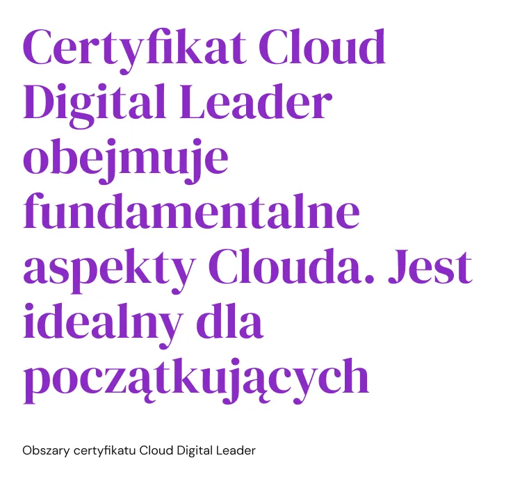 Certyfikat Cloud digital leader obejmuje fundamentalne aspekty clouda. Jest idealny dla początkujących