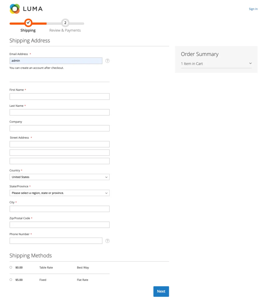 Magento Luma – shipping step