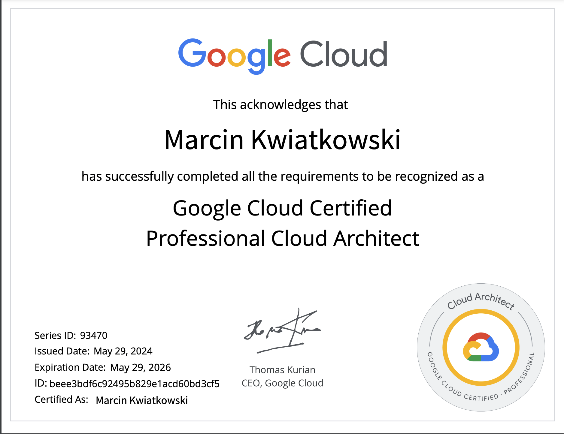 Professional Google Cloud Architect certification