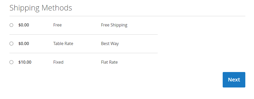 shipping costs in Magento 2 checkout for free shipping method, table rate and flat rate (defaults)